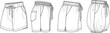 © itz moni - Technical fashion flat sketch set of casual lounge shorts with elastic waist, drawstring, and pockets, vector line art illustration on white background.