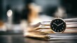 © Never - Pocket watch rests on a tall stack of documents, symbolizing time and work