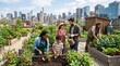 © Tanat - Diverse group of happy people volunteering in a community rooftop garden with city skyline background