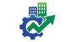 © Afia - Professional B2B Marketing and Sales Growth Vector Icon Illustration Featuring Modern Buildings, a Gear, and an Upward Arrow Representing Industrial Development, Strategy, and Business Success.