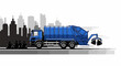 © Hermanto - Blue garbage truck collects trash bags against a city skyline
