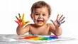 © Anjali - Smiling baby with painted hands and face enjoying creative playtime representing childhood imagination artistic development and joyful messy activity