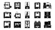 © Shihab - 3D printer icon set, 15 black solid vector silhouettes of additive manufacturing machines, industrial rapid prototyping equipment for engineering