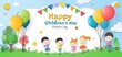 © liu - Happy Children’s Day banner with paper cut kids and white board, “happy children's day” text, balloons background, cartoon style vector illustration for holiday posters, social media, invitations, dec