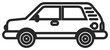 © Fatima - Minimalist black vector icon illustration of a classic hatchback car silhouette, featuring a clean outline design of a small passenger vehicle with wheels, windows, and door handles.