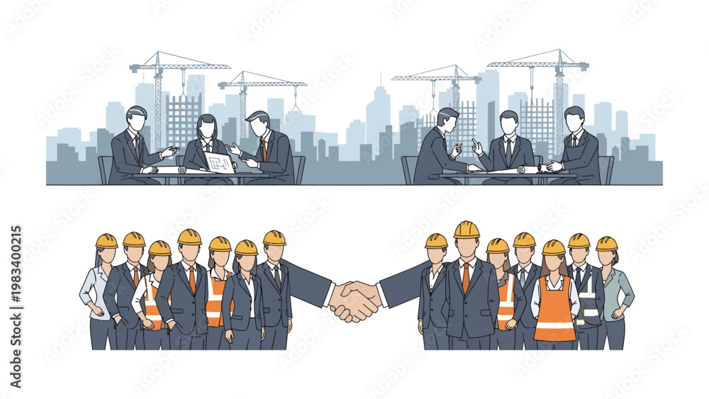 Construction Collaboration: Illustration of a construction team in a ...