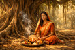 © sunny - Graceful married women observing Vat Purnima, Vat Savitri Vrat, Vat Purnima Pournima fasting, tying sacred threads around banyan tree, seeking blessings for marital happiness and eternal togetherness