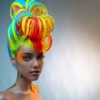 © Nick Freund - Studioporträt einer jungen Frau mit spektakulärer, hochgesteckter Frisur in leuchtenden Neonfarben vor grauem Hintergrund mit orangefarbenen Elementen.
