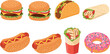 © MdRazaul - Fast food vector set burgers tacos hot dogs wraps and donut collection colorful junk food illustration isolated