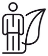 © Chandana Rani - Eco-friendly businessman vector icon illustration. Minimalist black line art symbol of a professional person standing with a leaf, representing sustainable business and environmental responsibility.