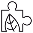 © Rupali - Eco-friendly puzzle piece vector icon illustration. Minimalist black line art symbol of a jigsaw piece with a leaf cutout, representing green solutions, sustainability, and environmental logic.