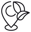 © MDNABIUL - Minimalist black line vector icon of a map location pin combined with two organic leaves, symbolizing eco-friendly destinations, green spaces, sustainable travel, and environmental conservation.