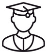 © BIZLE - Black Line Vector Icon Illustration of a Graduate Student Wearing a Graduation Cap and Gown, Symbolizing Academic Achievement, Education, and University Success in a Minimalist Style.