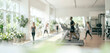 © Wisnu - A bright and modern gym with people engaged in various workouts. The scene includes treadmills and a variety of plants enhancing the environment.