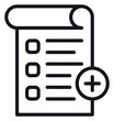 © Marjana - Black line vector icon illustration of a checklist document with checkboxes and a plus sign symbol, representing adding a new task, creating a list, or registration for web and app design.