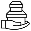© Marjana - Black line art vector icon of a hand holding two stacked gift boxes or delivery packages, minimalist symbol for shipping, logistics, giving, commerce, and retail services, scalable illustration.
