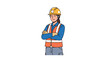 © fahad - A professional female construction worker wearing a bright orange safety vest and yellow hardhat stands confidently with crossed arms against a clean white background.