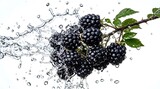 Ripe Blackberries Bursting with Water Droplets Amidst a Dynamic Splash on a White Background
