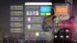 © InfiniteFlow - Smart Business Dashboard with Analytics Displaying Performance Ratings and Advertising Metrics for Modern Marketing Strategies in a Cityscape Background Sigmoid