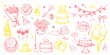 © chekiwart - Birthday celebration hand drawn set illustrations in pink and yellow