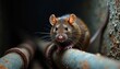 © Maryna - Brown rodent sits on rusty metal pipe in dark basement corner. Small animal with whiskers and pink nose looks at camera. Dirty concrete wall texture and plumbing visible.