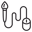 © Azan - Black line vector icon of a paintbrush connected to a computer mouse by a wavy cord, symbolizing digital art, graphic design, creative software, digital painting, and modern artistic technology.