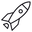 © Azan - Minimalist black line art vector icon of a rocket ship launching into space, symbolizing startup business growth, technology innovation, and cosmic exploration, isolated on a white background.