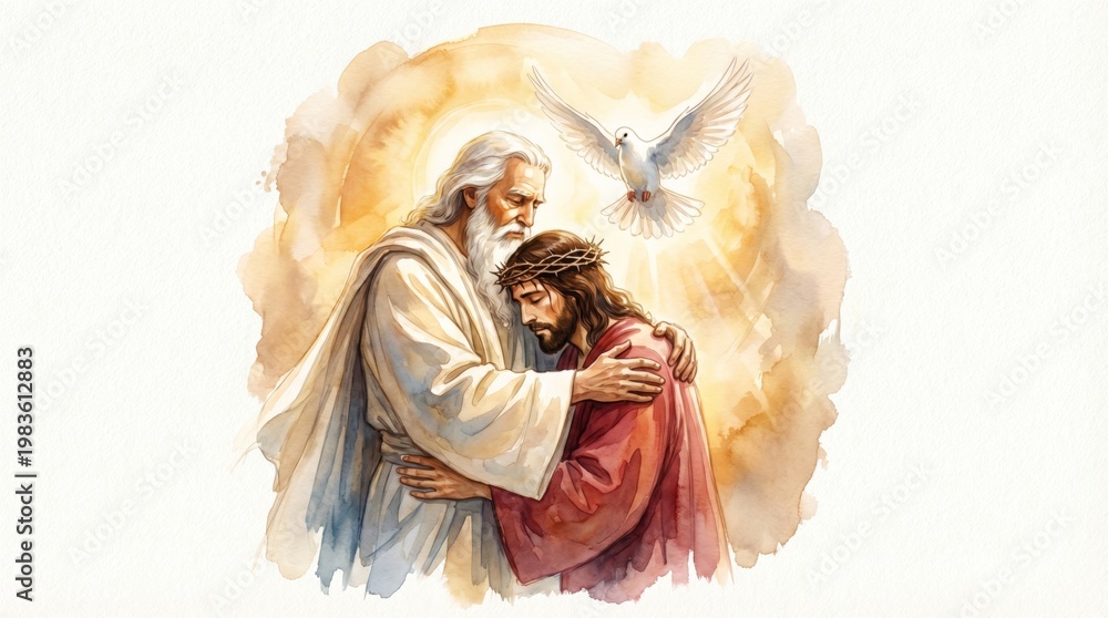 God the Father embracing Jesus Christ with crown of thorns and Holy ...