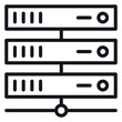 © Mehwish - Server rack vector icon illustration with three stacked units connected to a network line, symbolizing data center hosting, cloud computing, database storage, and IT infrastructure systems.