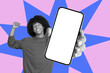 © Prostock-studio - A person with curly hair grins while holding up a smartphone in one hand. The background features a bright, colorful collage with star shapes. This scene conveys excitement and joy.