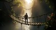 © Teddy - Adventurer crosses ancient rope bridge in lush jungle canyon with sunbeams.