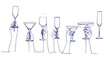 © ZayMO - Diverse mani con bicchieri da cocktail e champagne celebrano un brindisi festivo, stile line art