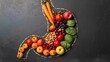 © VolumeThings - An arrangement of fresh produce and nuts resembling a stomach. A chalk illustration of a human stomach. Ideal foods for digestive health.