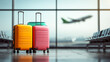 © halcon1 - Three colorful suitcases yellow, pink, and mint in an airport terminal. Blurred airplane taking off in the background. Concept of summer vacation, family travel, and departure