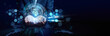 © FutureLogic Studio - User holding connected profile interface. Social networks connect people digitally to share information and build communities.