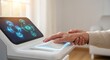 © Alpha - Futuristic healthcare machine holds a wrinkled hand with gentle care in a bright home. Warm sunlight fills the scene, with copy space, interior, sunbeams, help