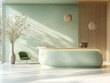 © Aleksandra - Serene welcoming reception area with curved mint green desk, wooden slat wall, pendant lights, tall vase with branches, green lounge chair, monitor and warm sunlight