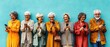 © Milana - Seven older adults standing in a row against a turquoise wall, wearing colorful coats and intently engaged with their smartphones