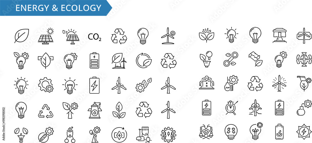 Energy and ecology line icons set with renewable power recycling ...