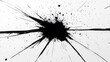 © k - explosive black ink splatter with dense central blot, long radial streaks and scattered droplets conveying chaotic dynamic energy
