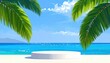 © LeNo - Un podio bianco circolare su una spiaggia tropicale con mare azzurro e palme, ideale per l'esposizione di prodotti estivi o per un messaggio di vacanza.