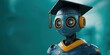 © lucky - futuristic humanoid robot with glowing round eyes wearing a graduation cap and academic stole against a teal background, conveying curiosity and hope