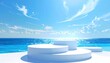 © LeNo - Pedestali bianchi minimalisti su una piattaforma riflettente con un oceano azzurro e un cielo sereno come sfondo ideale per la presentazione di prodotti.