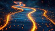 © letter - Winding glowing orange particle trails on a wet blue road at night, sparkling and evoking mysterious futuristic wonder