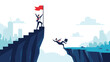 © Nur - Success and failure concept with one businessman on a mountain peak while another businessman falls off a rocky cliff side.