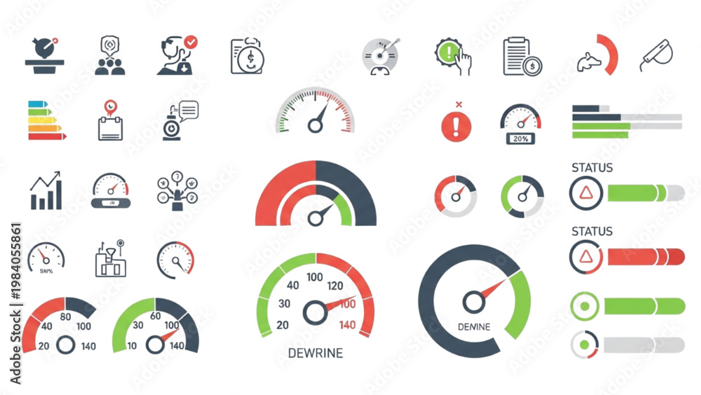 Visual Management Dashboard Icon Set, Performance Gauge and Status ...