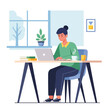 © Rilias - Woman sitting at desk with laptop.