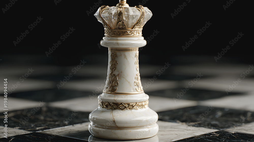 Antique chess rook piece on marble board with decorative metallic ...