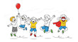 © Box - Joyful Children Jumping with Balloon and Superhero Cape.