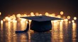 © Anzhelika - Graduation cap with tassel on dark surface against blurred glowing lights. Symbol of academic achievement and university education. Celebration of success, learning and high school degree.